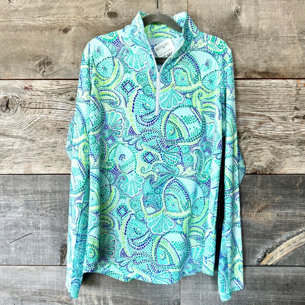 IBKÜL NWT Womens Long Sleeve 1/4 Zip Mock Neck Top XS Mariel Turquoise Multi UPF